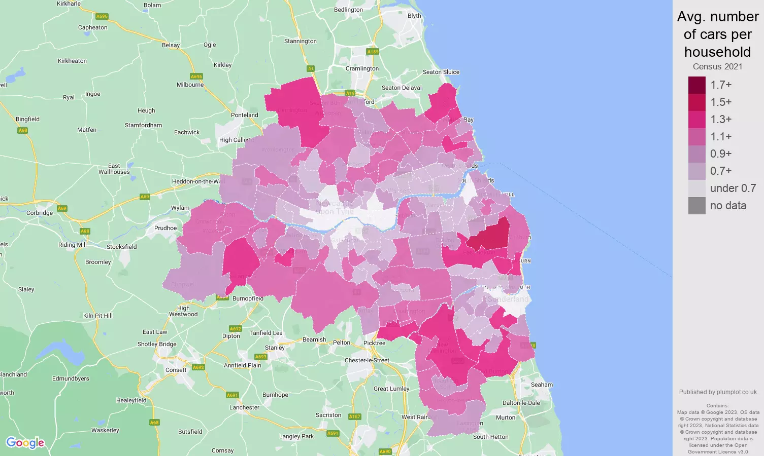 Tyne and Wear cars per household map