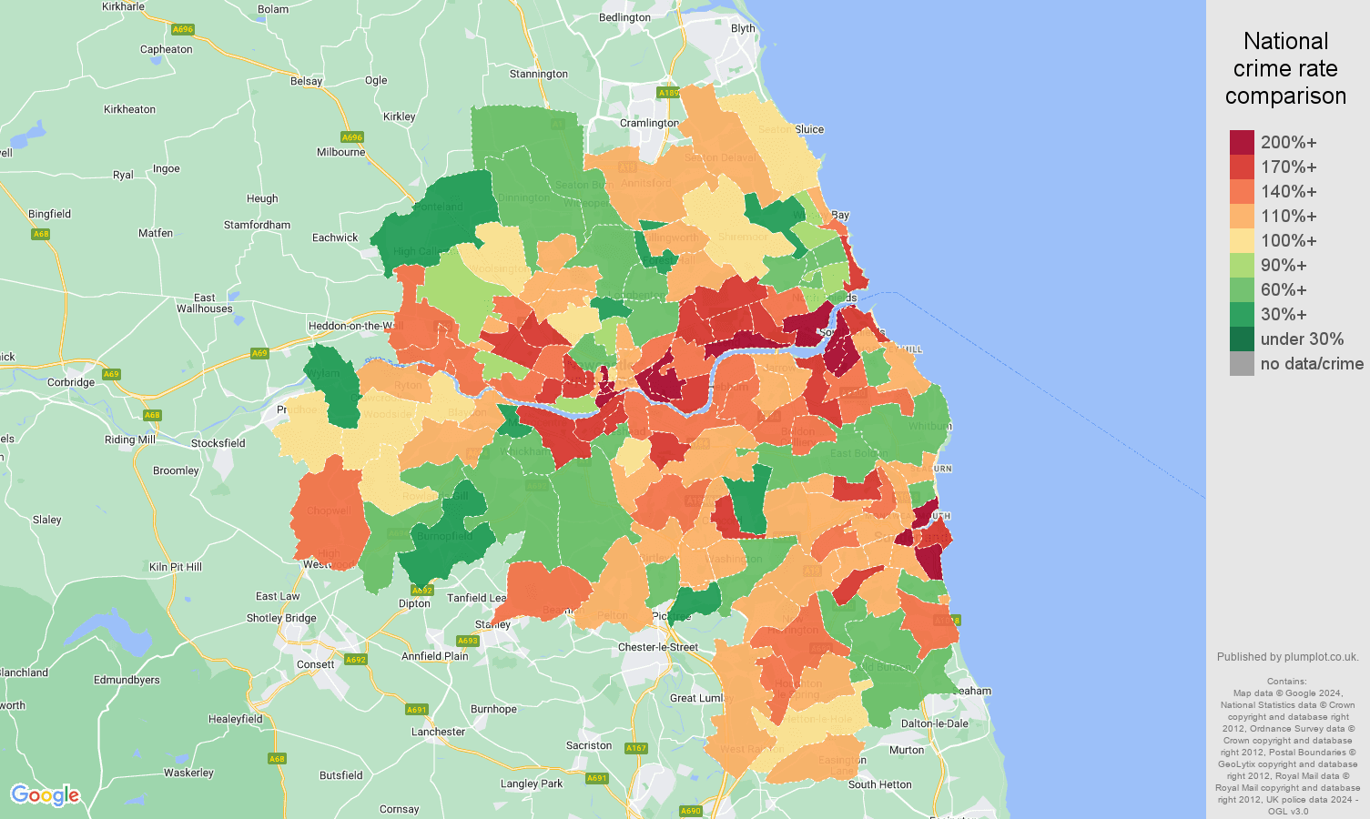 Tyne and Wear crime rate comparison map