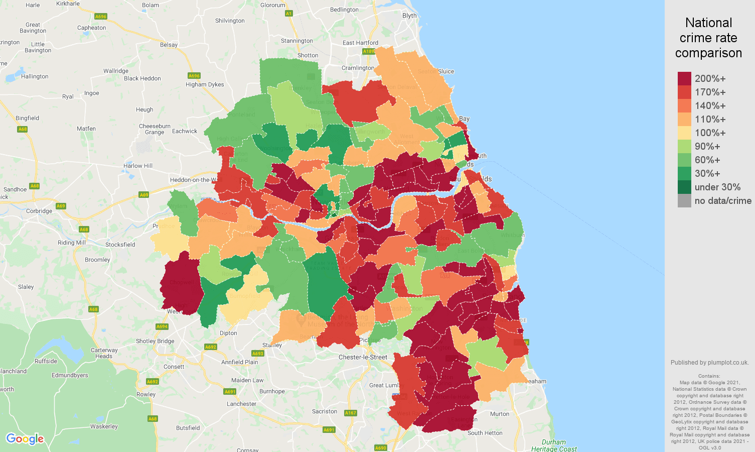 Tyne and Wear criminal damage and arson crime rate comparison map