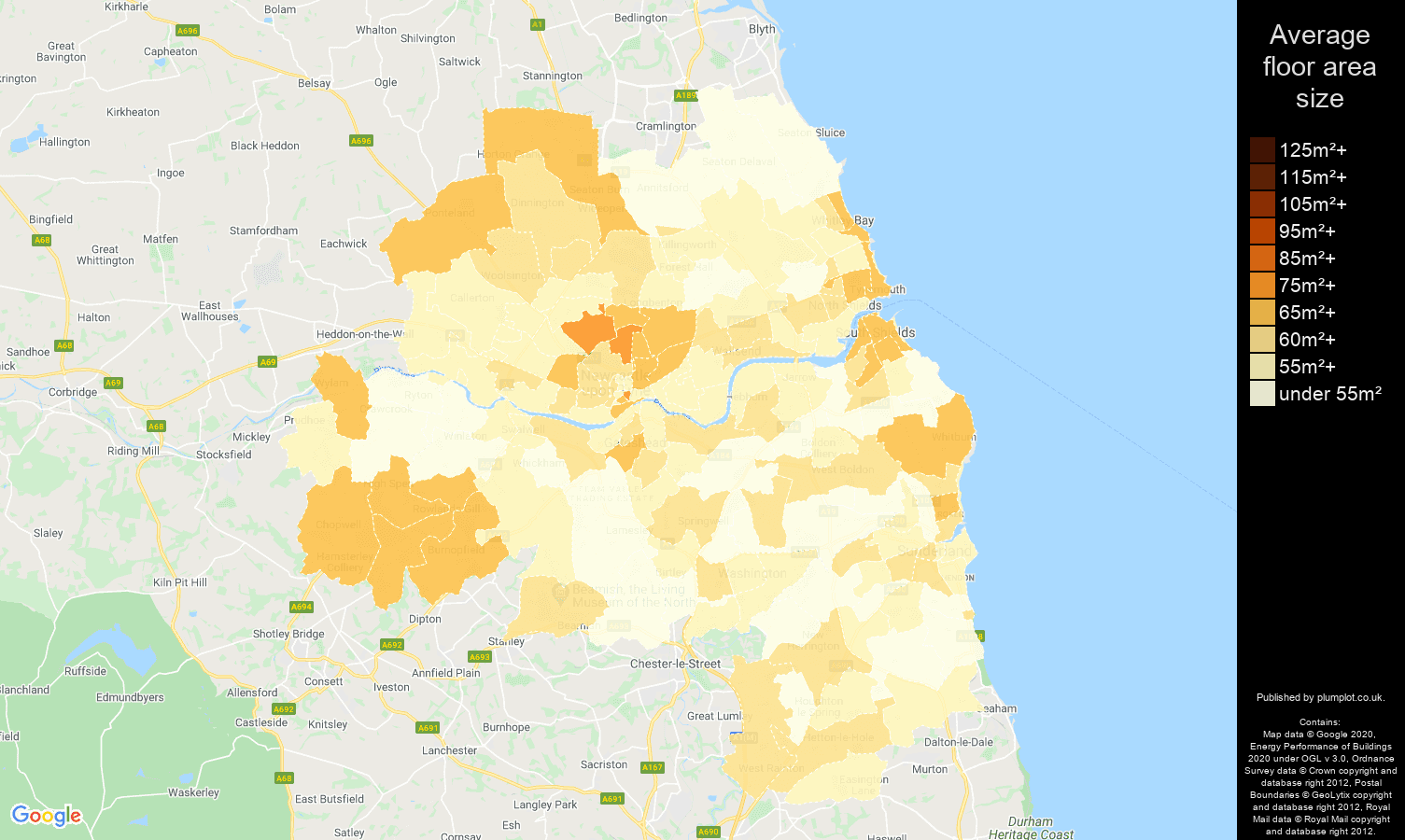 Tyne and Wear map of average floor area size of flats
