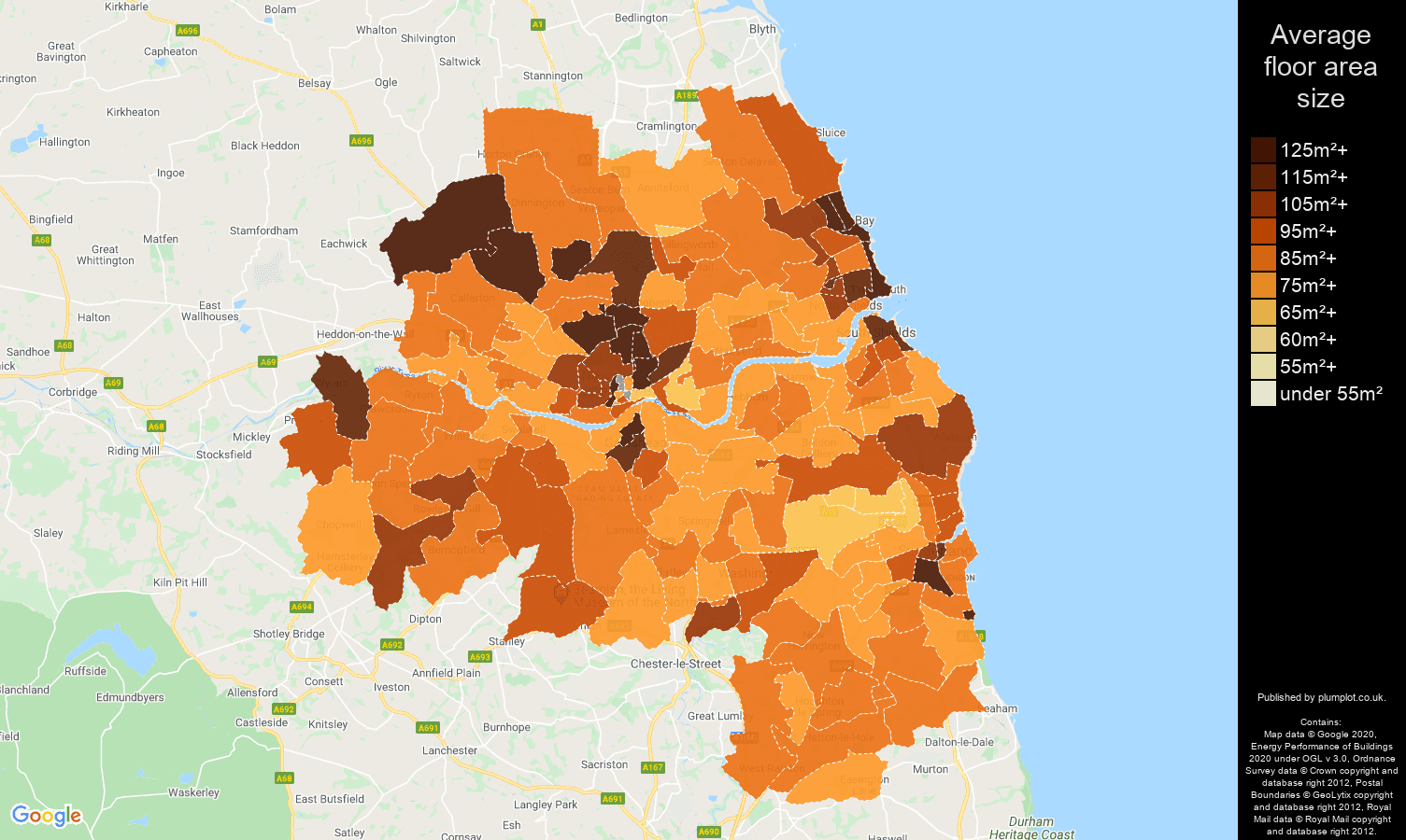 Tyne and Wear map of average floor area size of houses