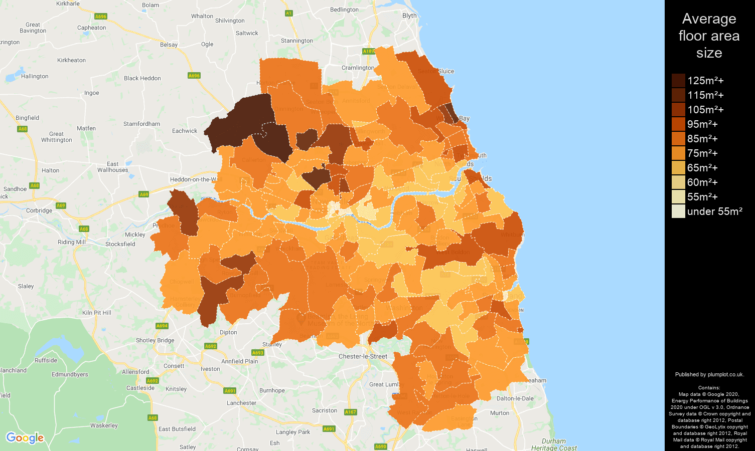 Tyne and Wear map of average floor area size of properties
