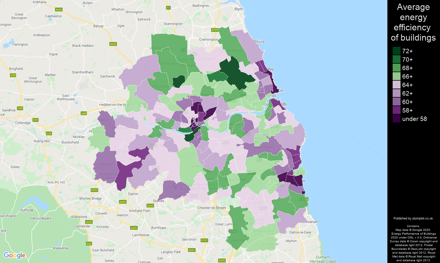 Tyne and Wear map of energy efficiency of houses