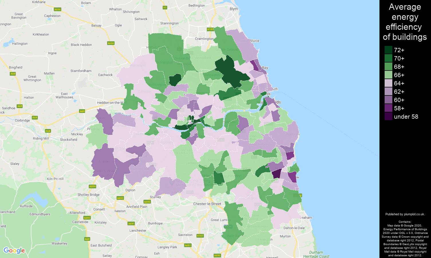 Tyne and Wear map of energy efficiency of properties