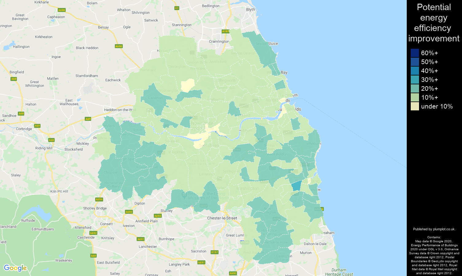Tyne and Wear map of potential energy efficiency improvement of properties