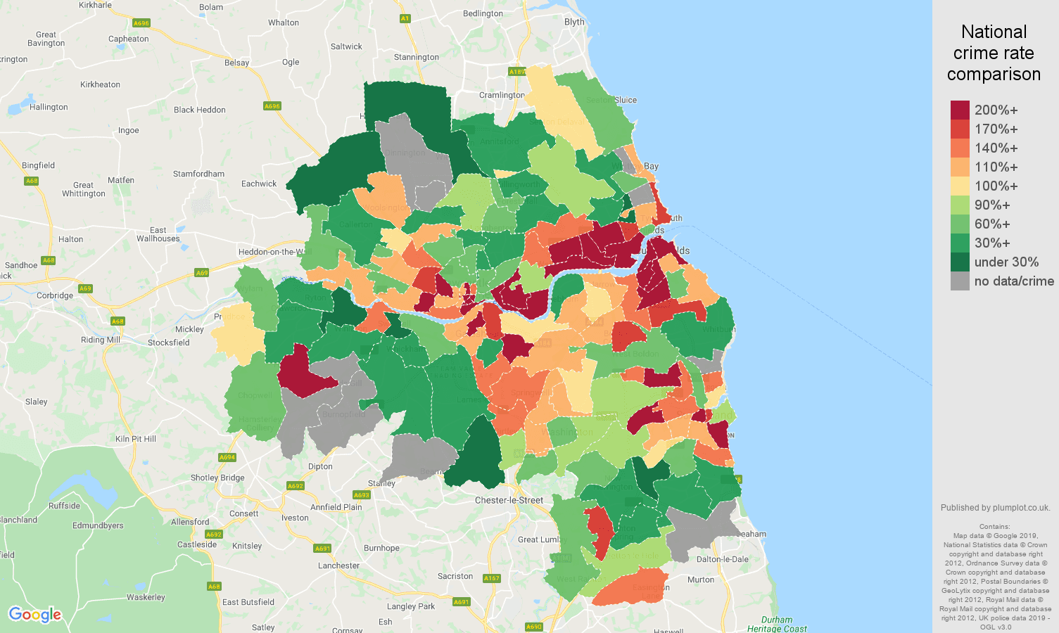 Tyne and Wear possession of weapons crime rate comparison map