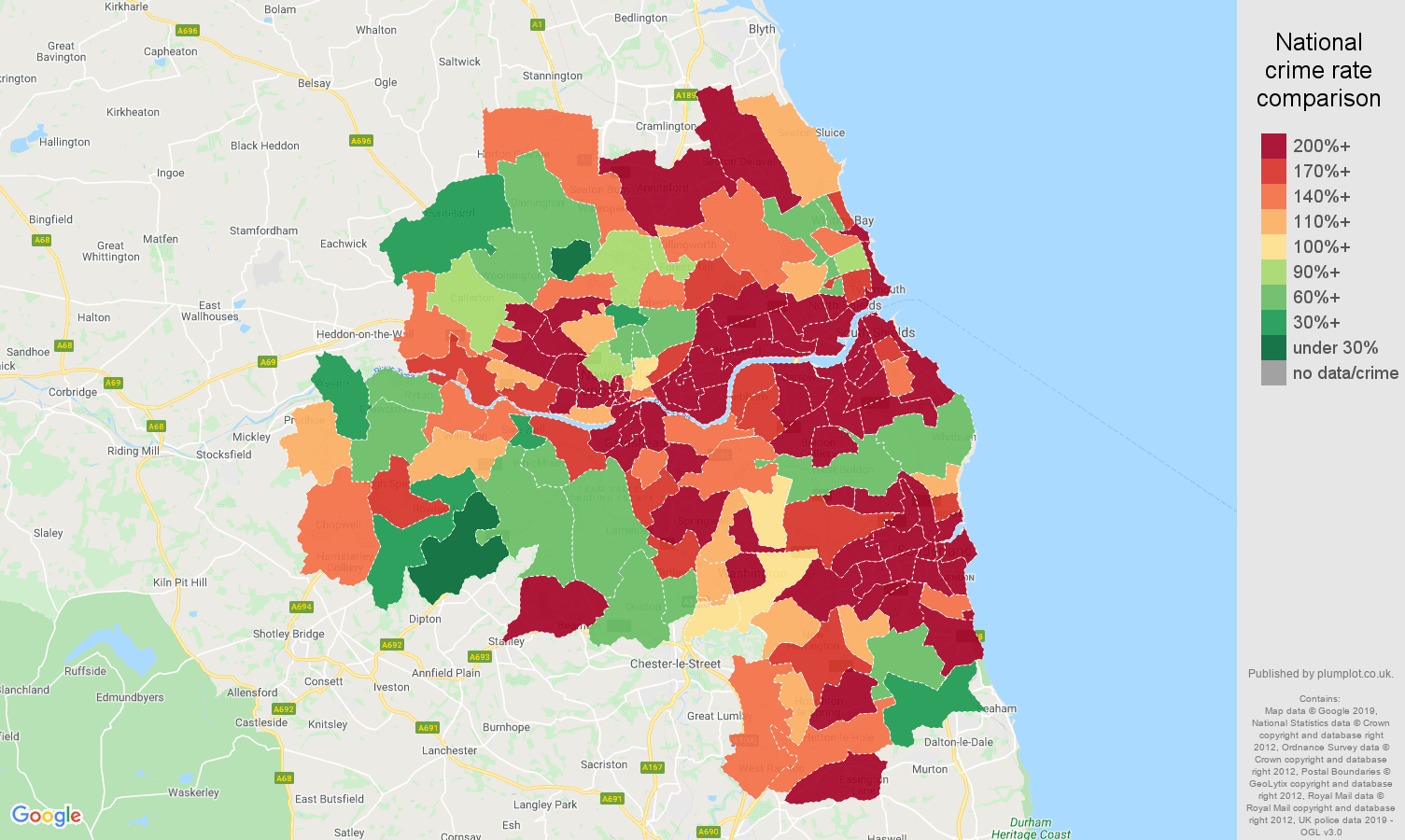 Tyne and Wear public order crime rate comparison map