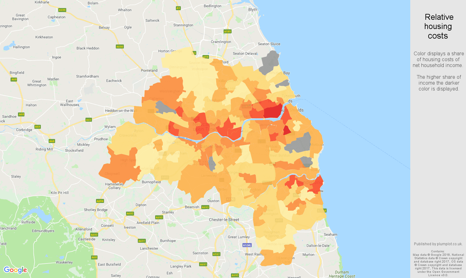 Tyne and Wear relative housing costs map
