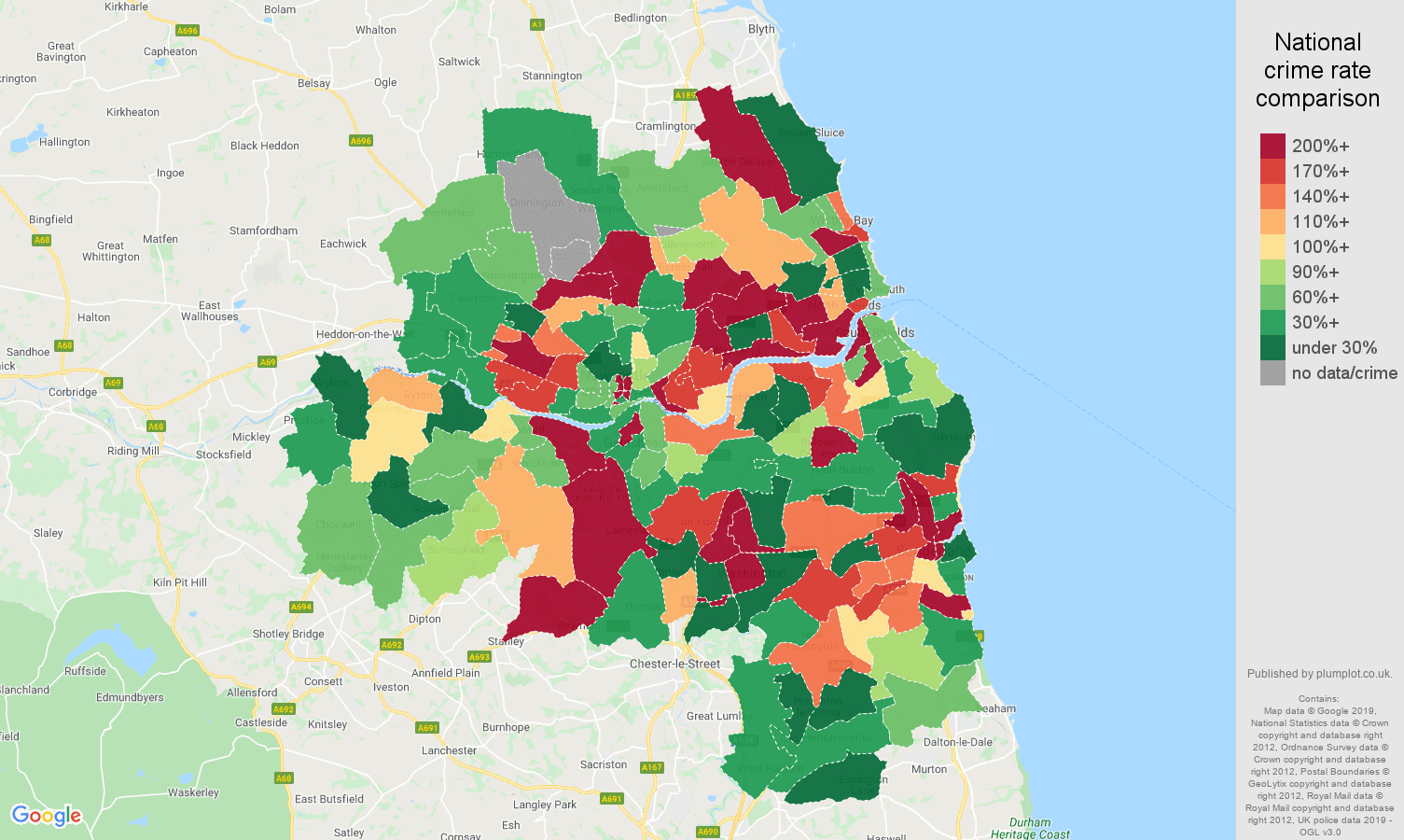 Tyne and Wear shoplifting crime rate comparison map