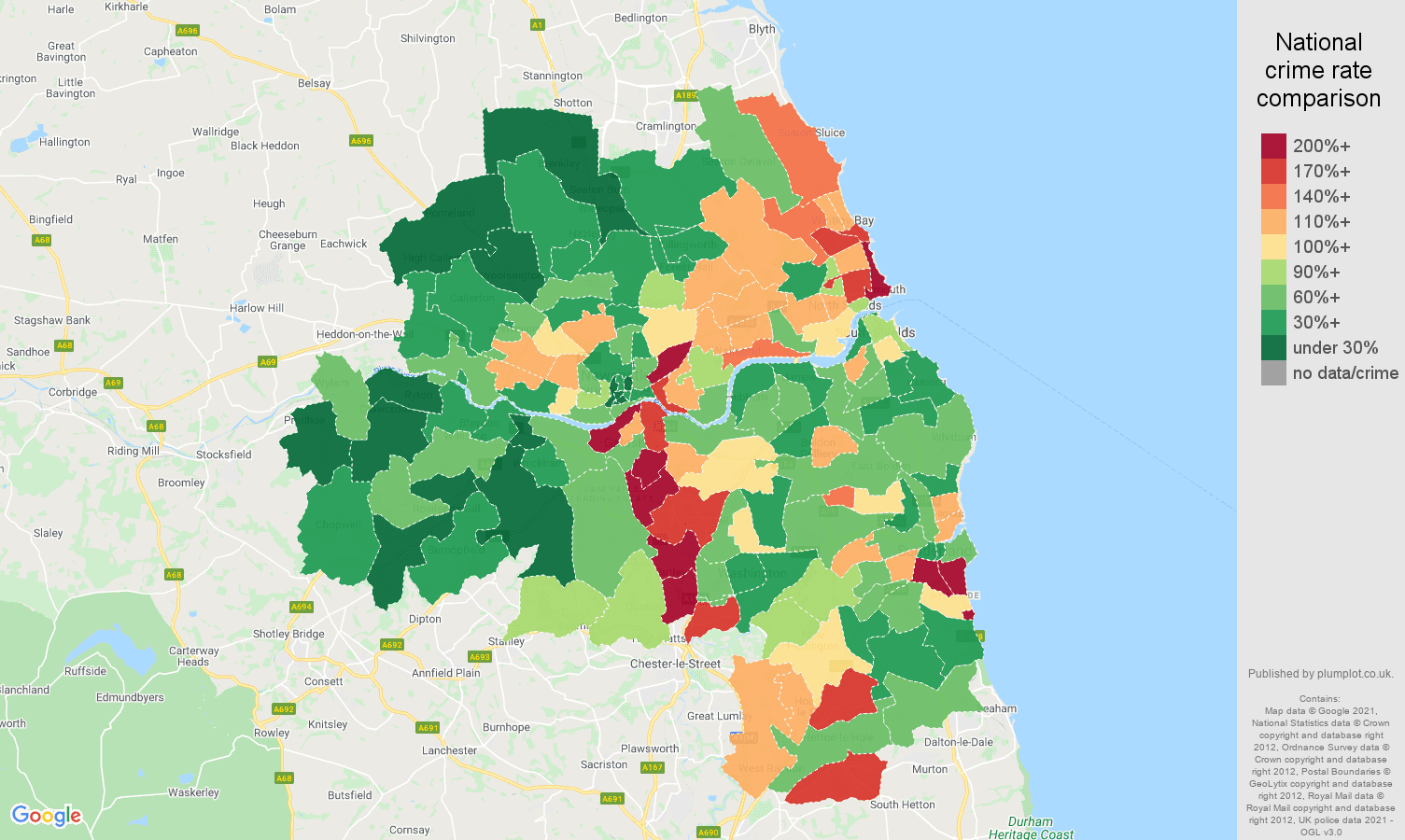 Tyne and Wear vehicle crime rate comparison map