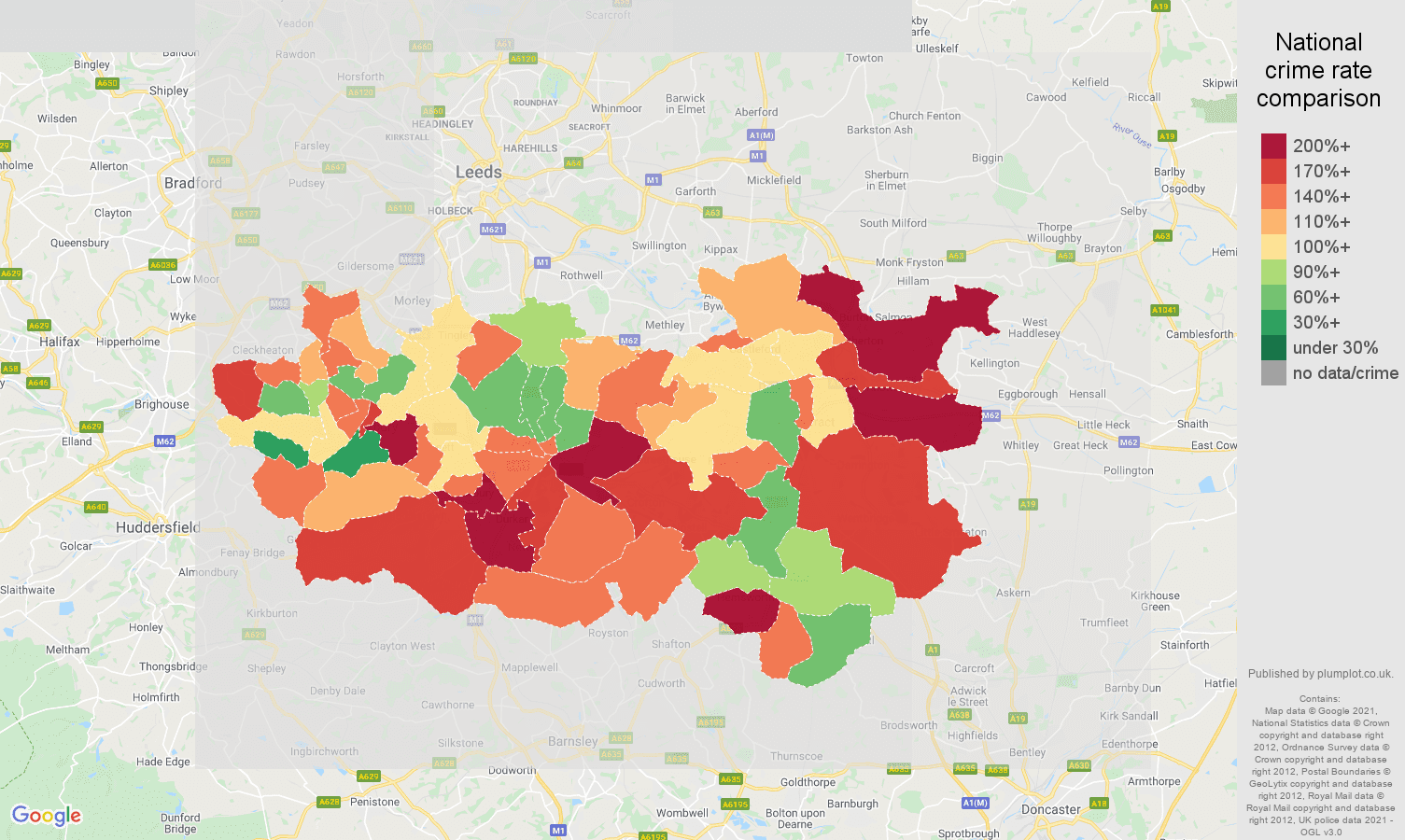 Wakefield burglary crime rate comparison map