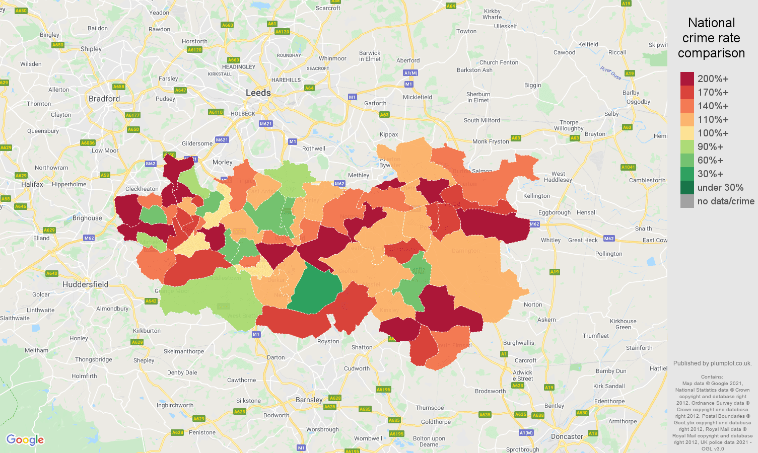 Wakefield criminal damage and arson crime rate comparison map