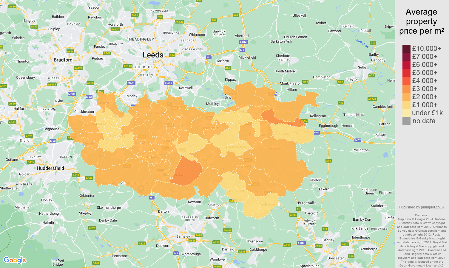Wakefield house prices per square metre map