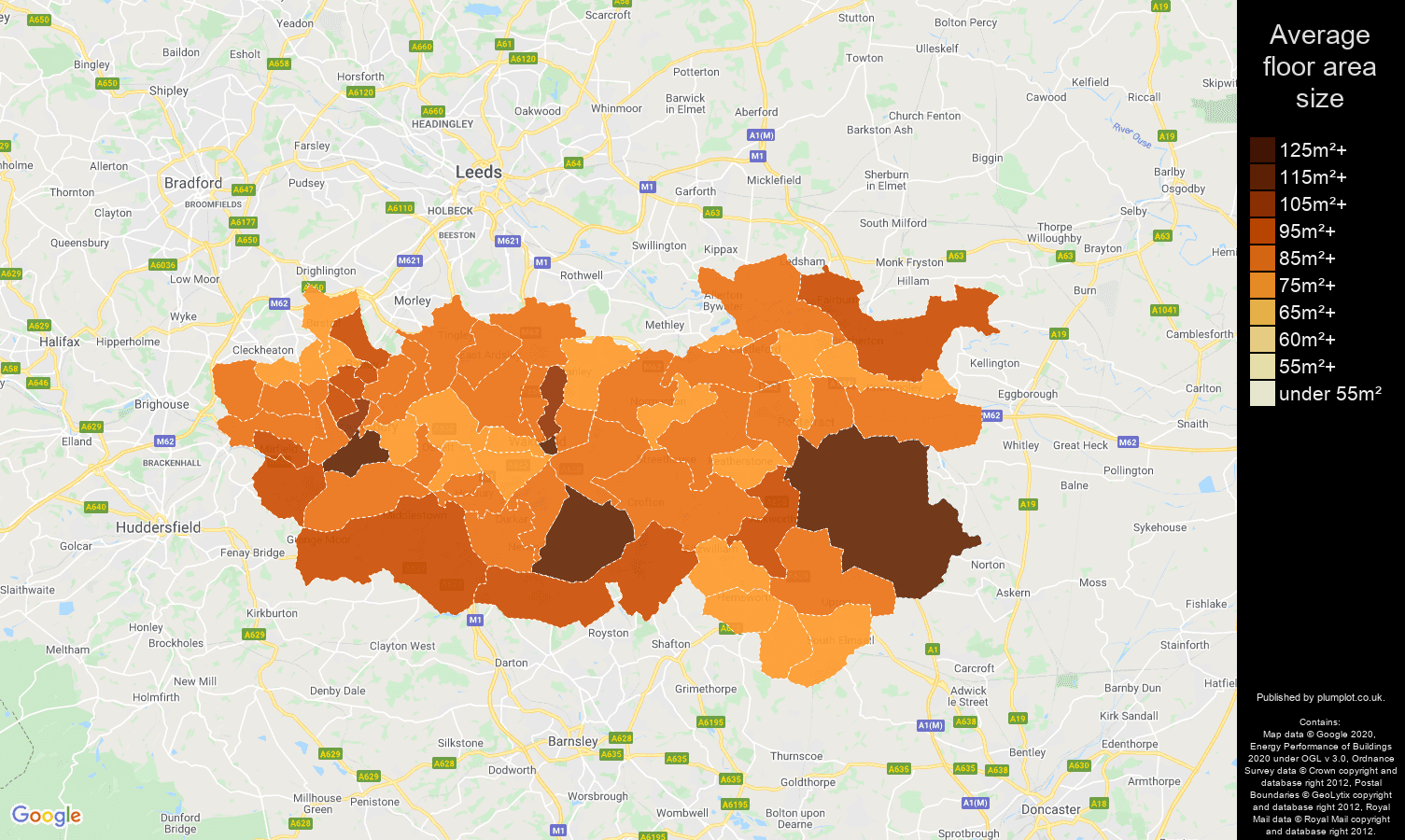 Wakefield map of average floor area size of houses
