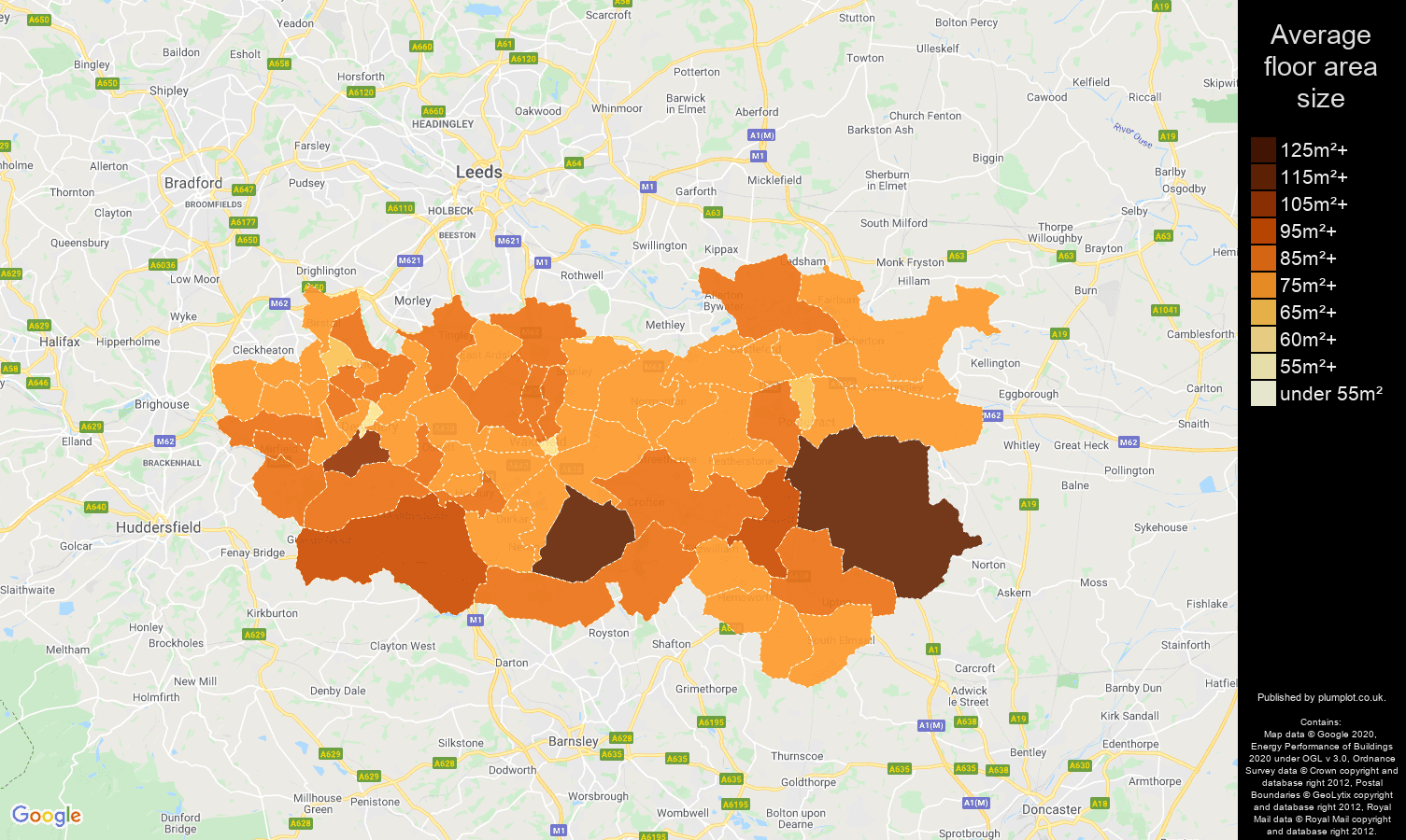Wakefield map of average floor area size of properties