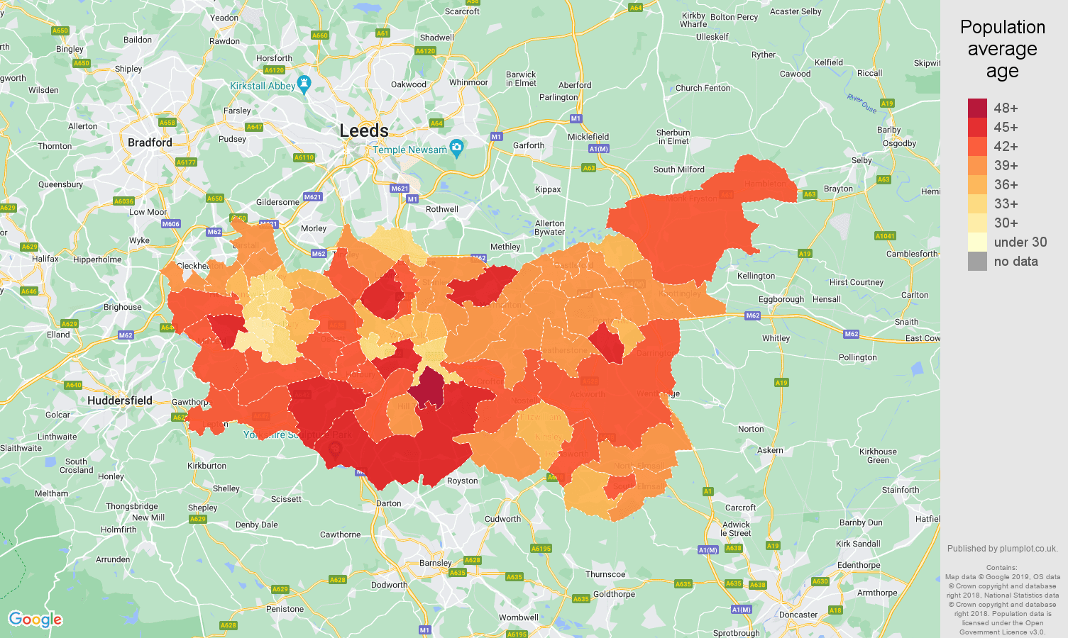 Wakefield population average age map