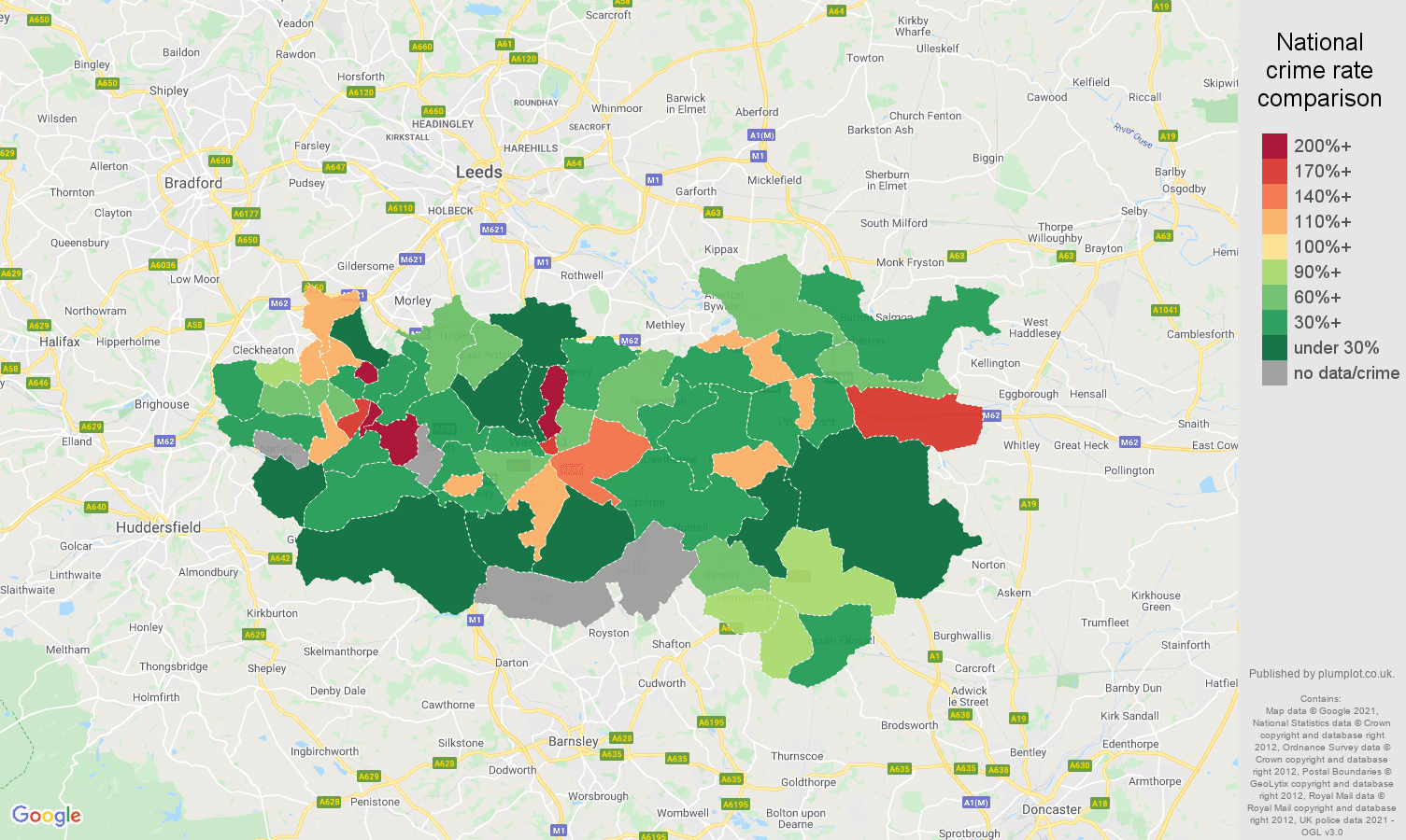 Wakefield robbery crime rate comparison map