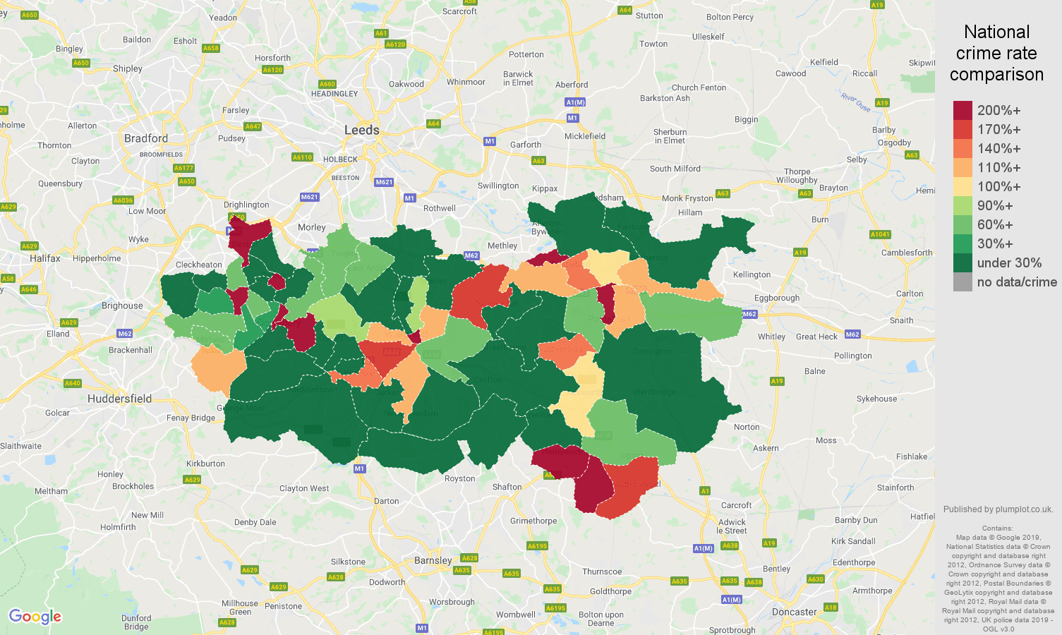 Wakefield shoplifting crime rate comparison map