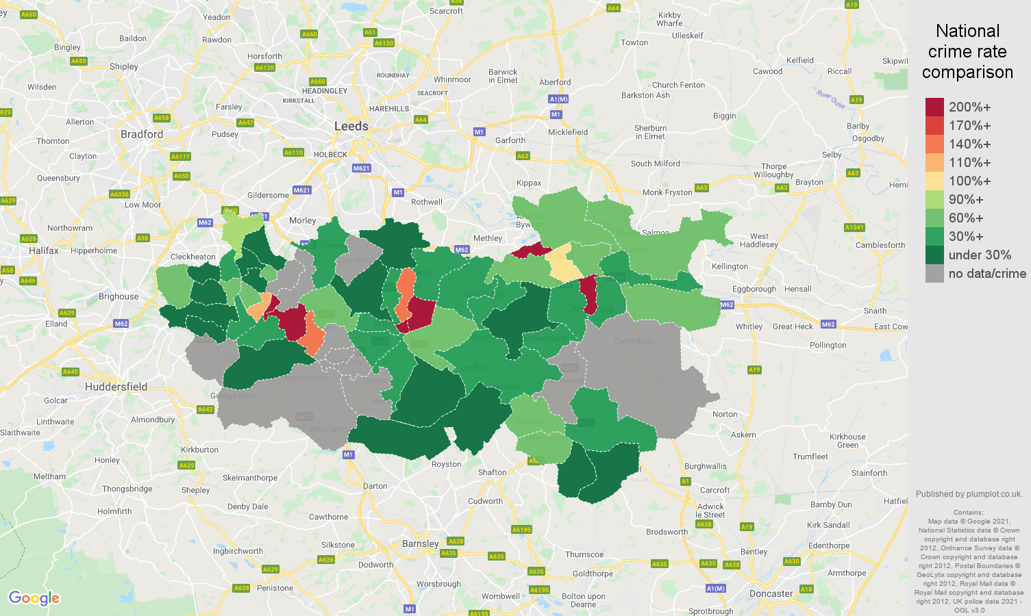 Wakefield theft from the person crime rate comparison map