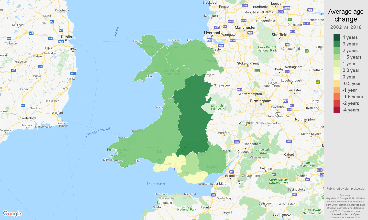 Wales average age change map