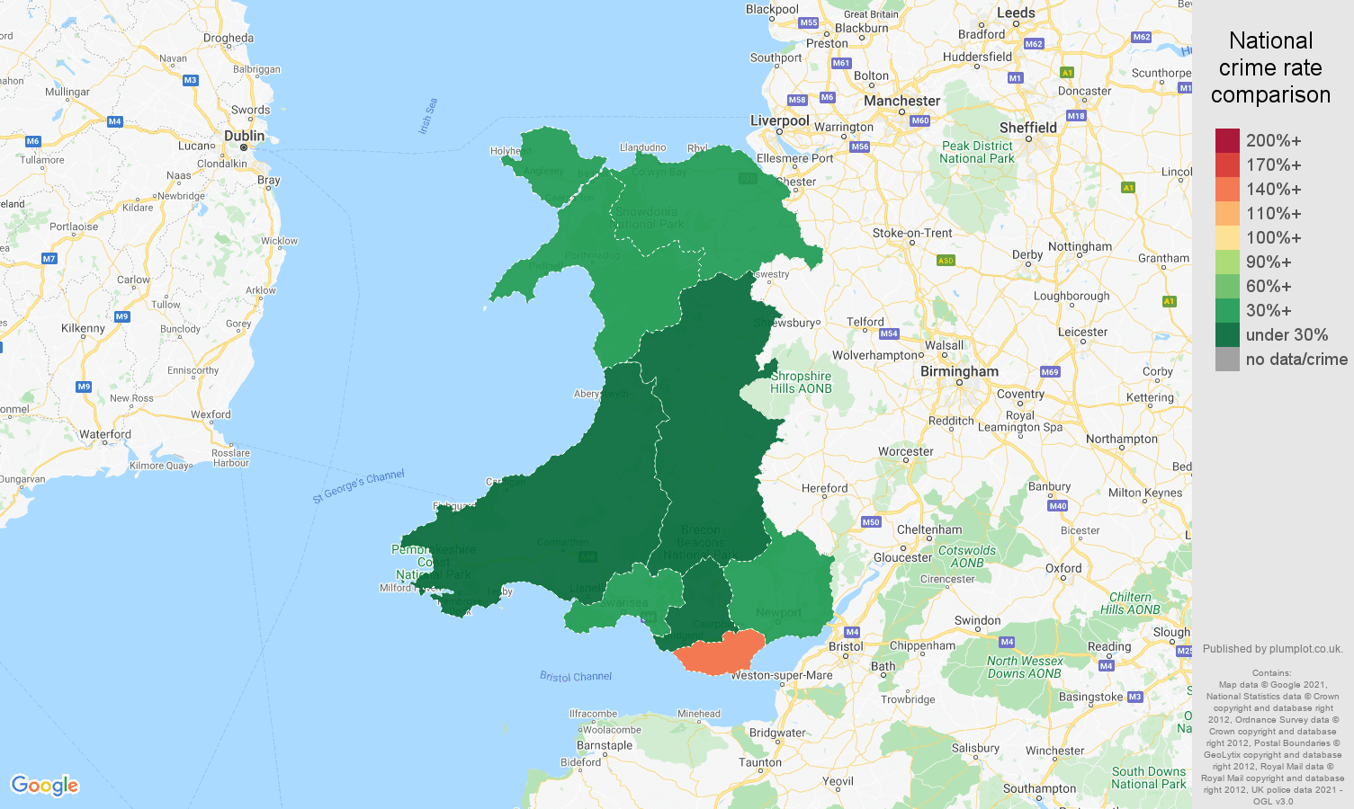 Wales bicycle theft crime rate comparison map