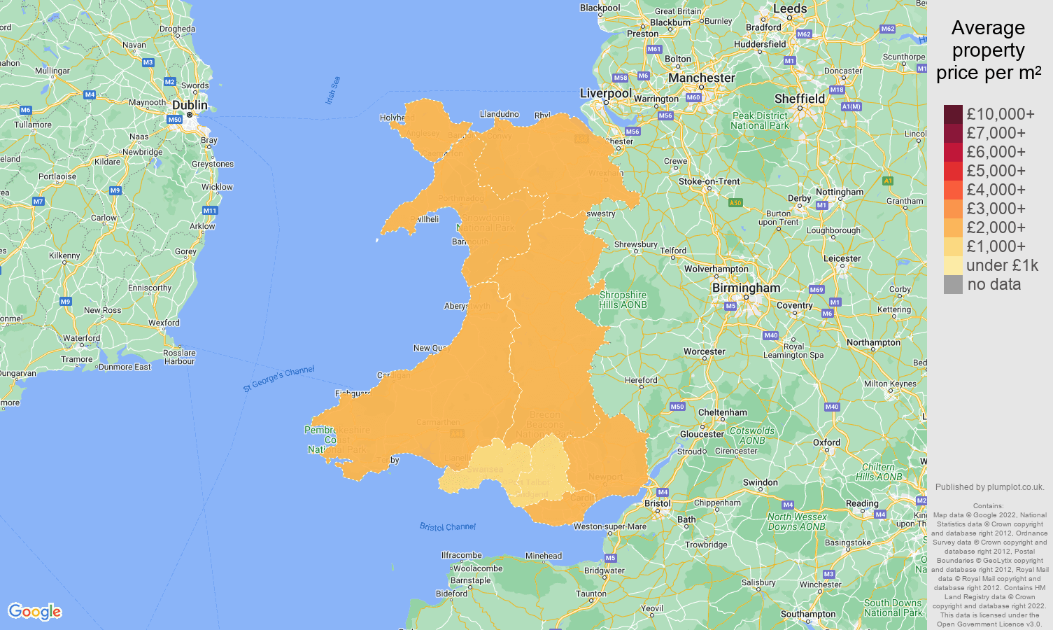 Wales house prices per square metre map