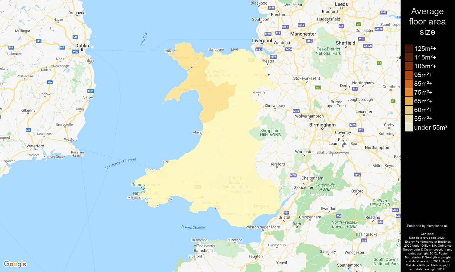 Wales map of average floor area size of flats