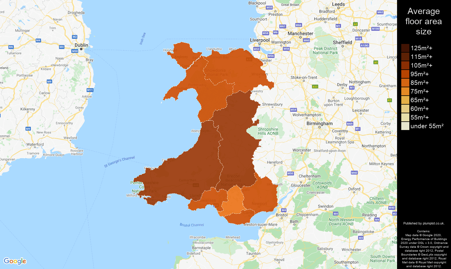 Wales map of average floor area size of houses