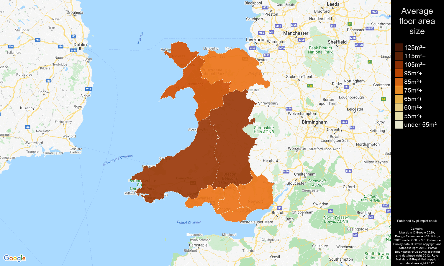 Wales map of average floor area size of properties