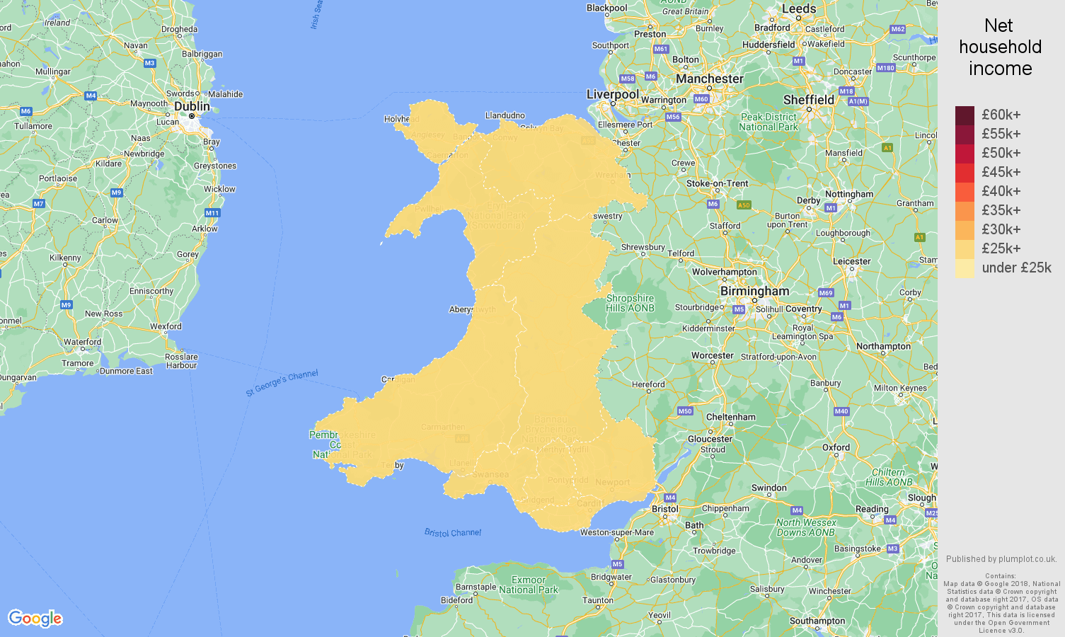 Wales net household income map