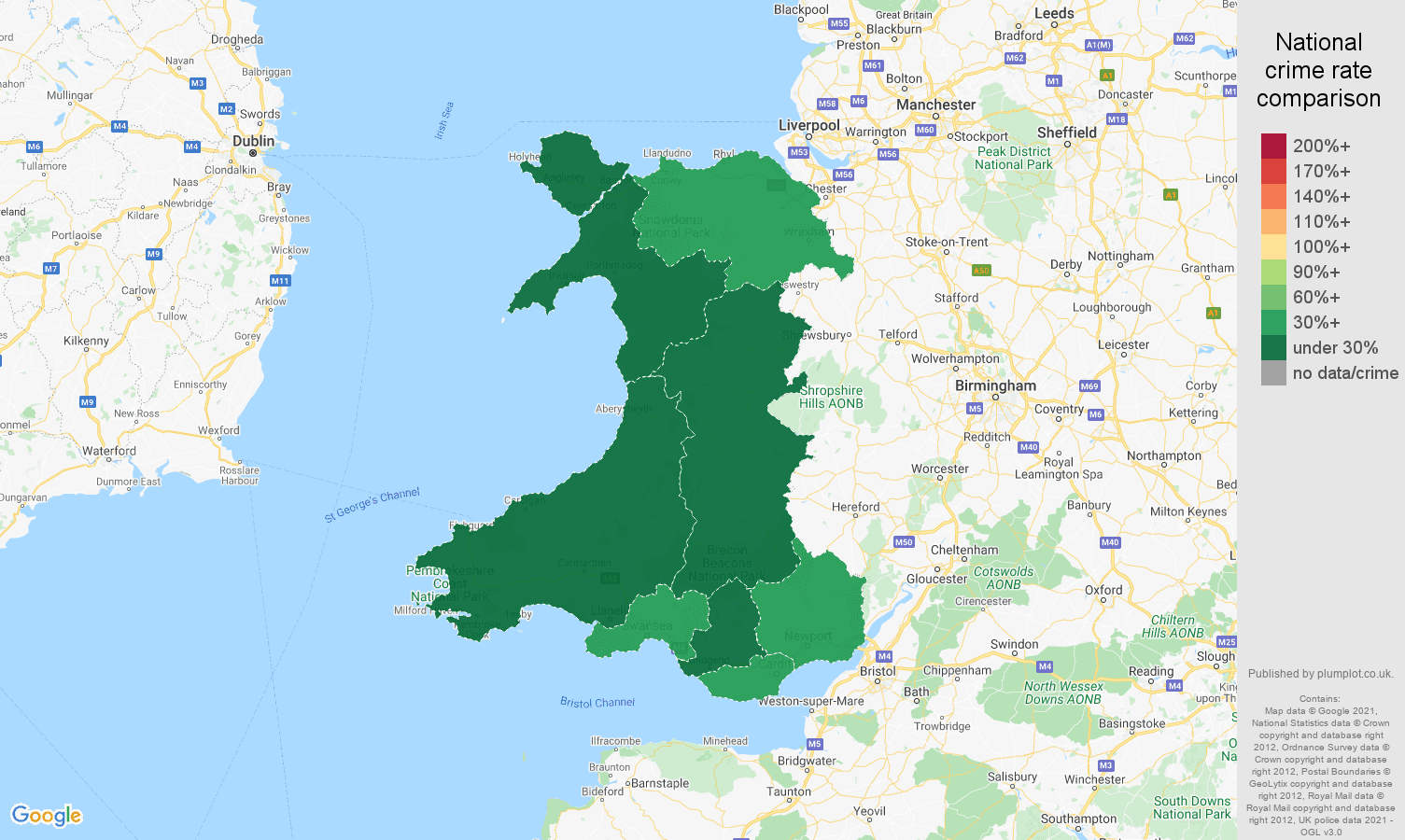 Wales robbery crime rate comparison map