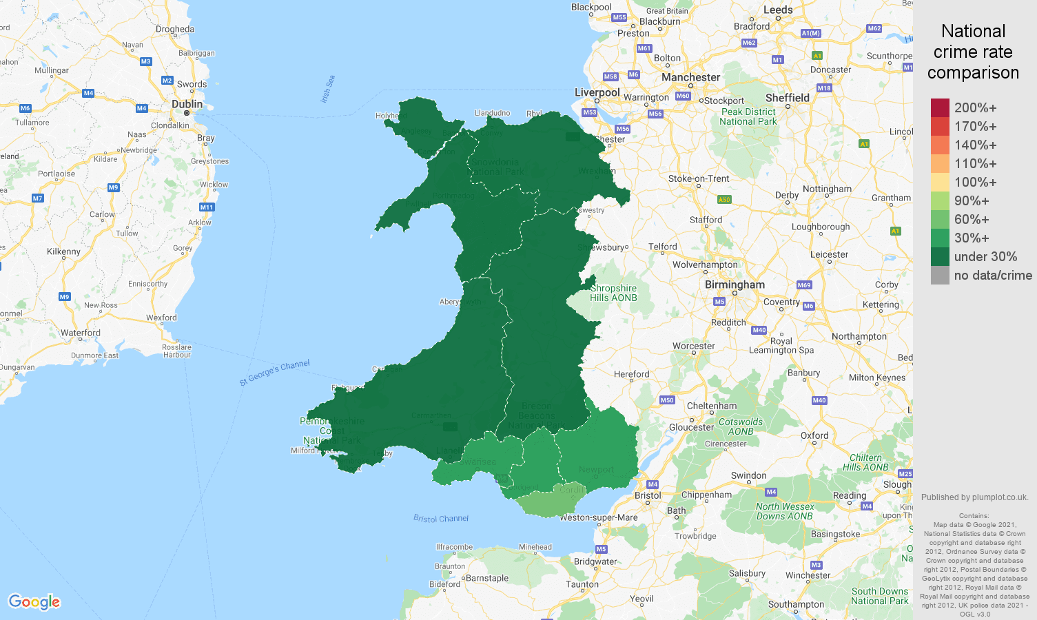 Wales theft from the person crime rate comparison map