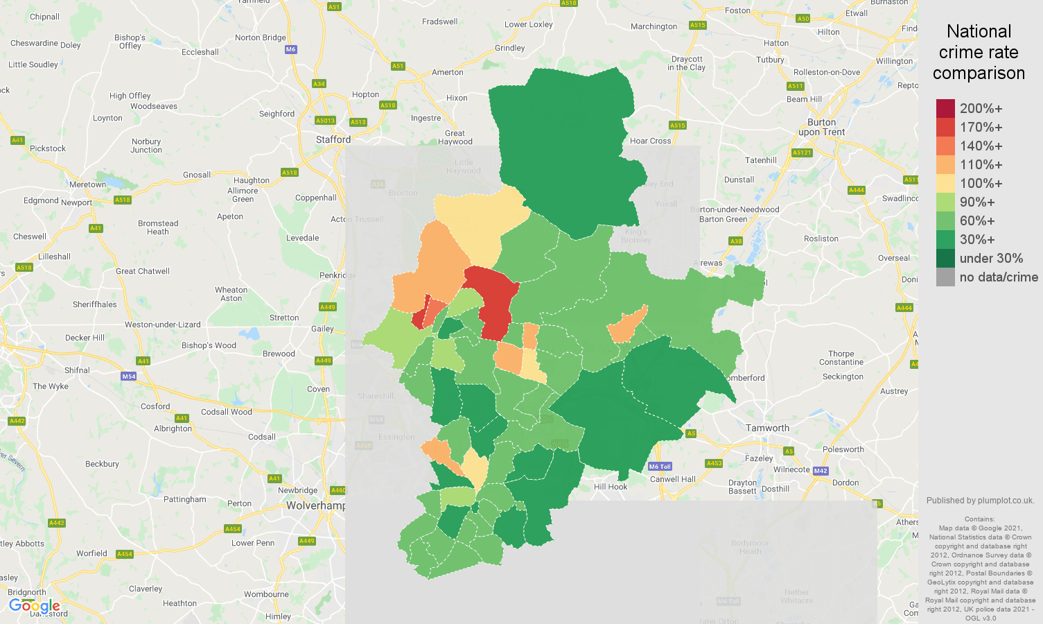 Walsall antisocial behaviour crime rate comparison map