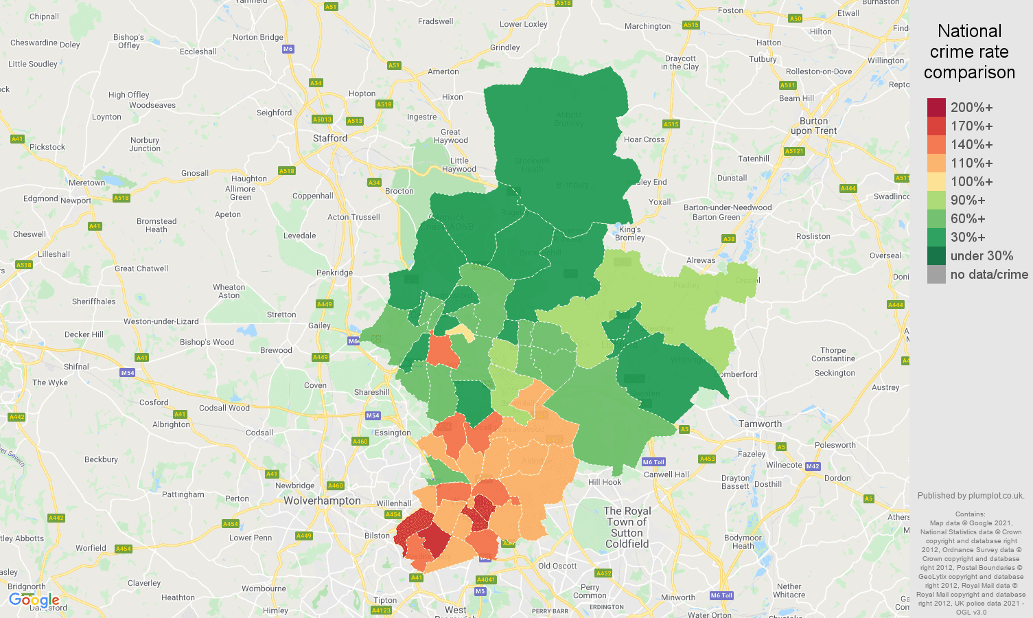 Walsall burglary crime rate comparison map