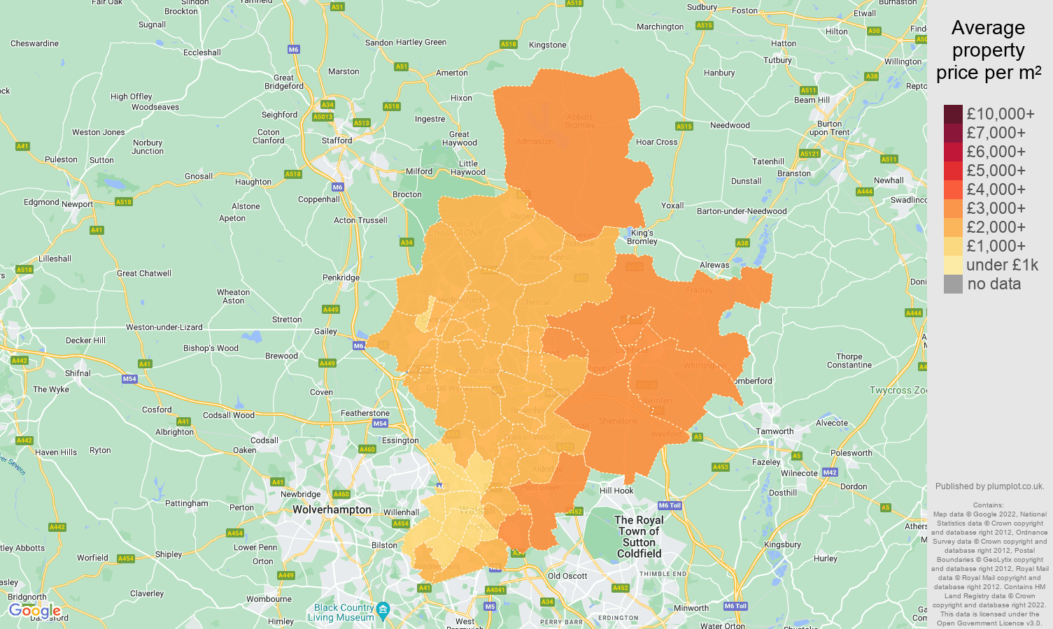 Walsall house prices per square metre map