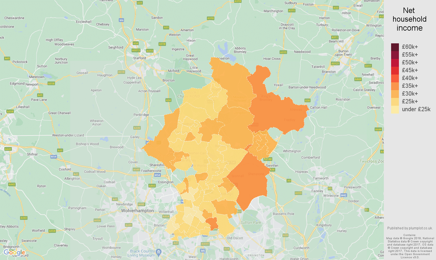 Walsall net household income map