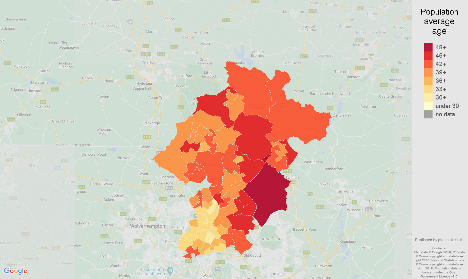 Walsall population average age map