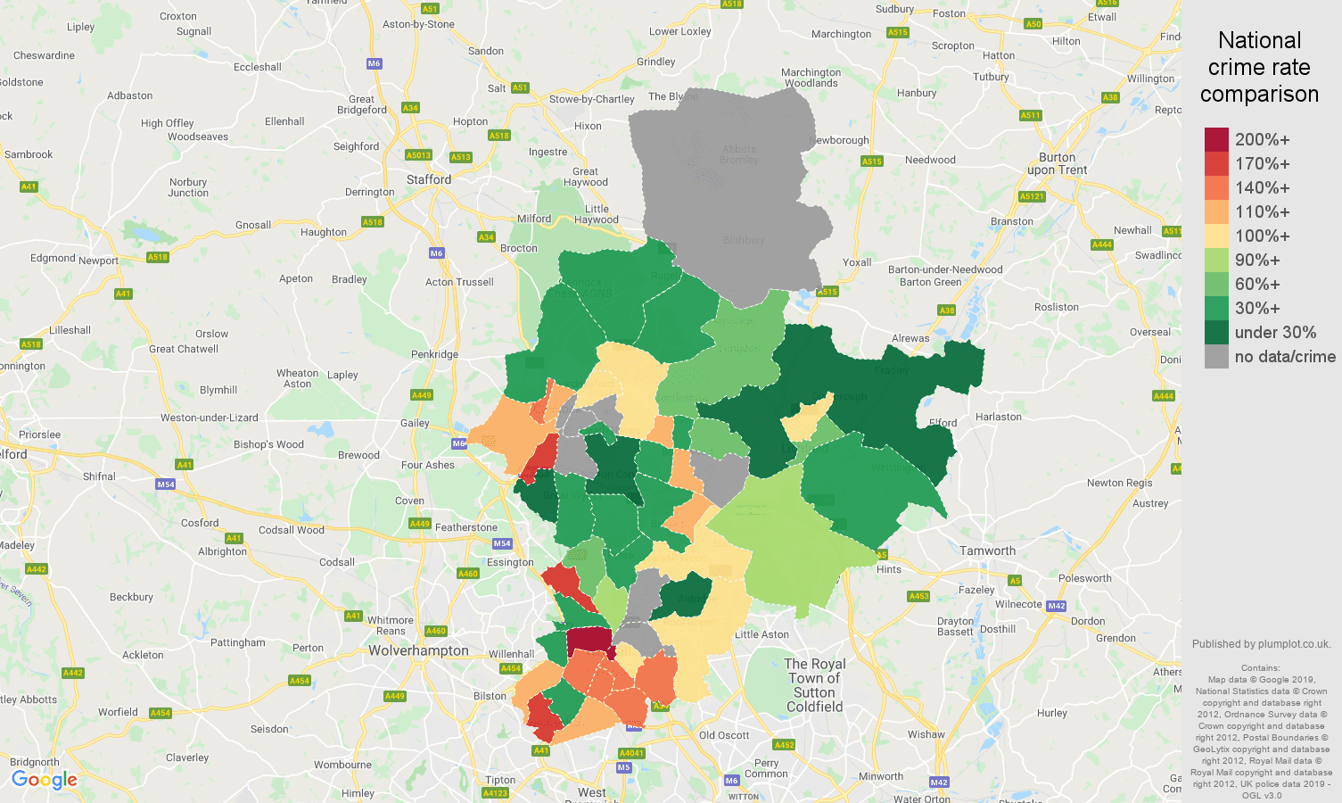 Walsall possession of weapons crime rate comparison map
