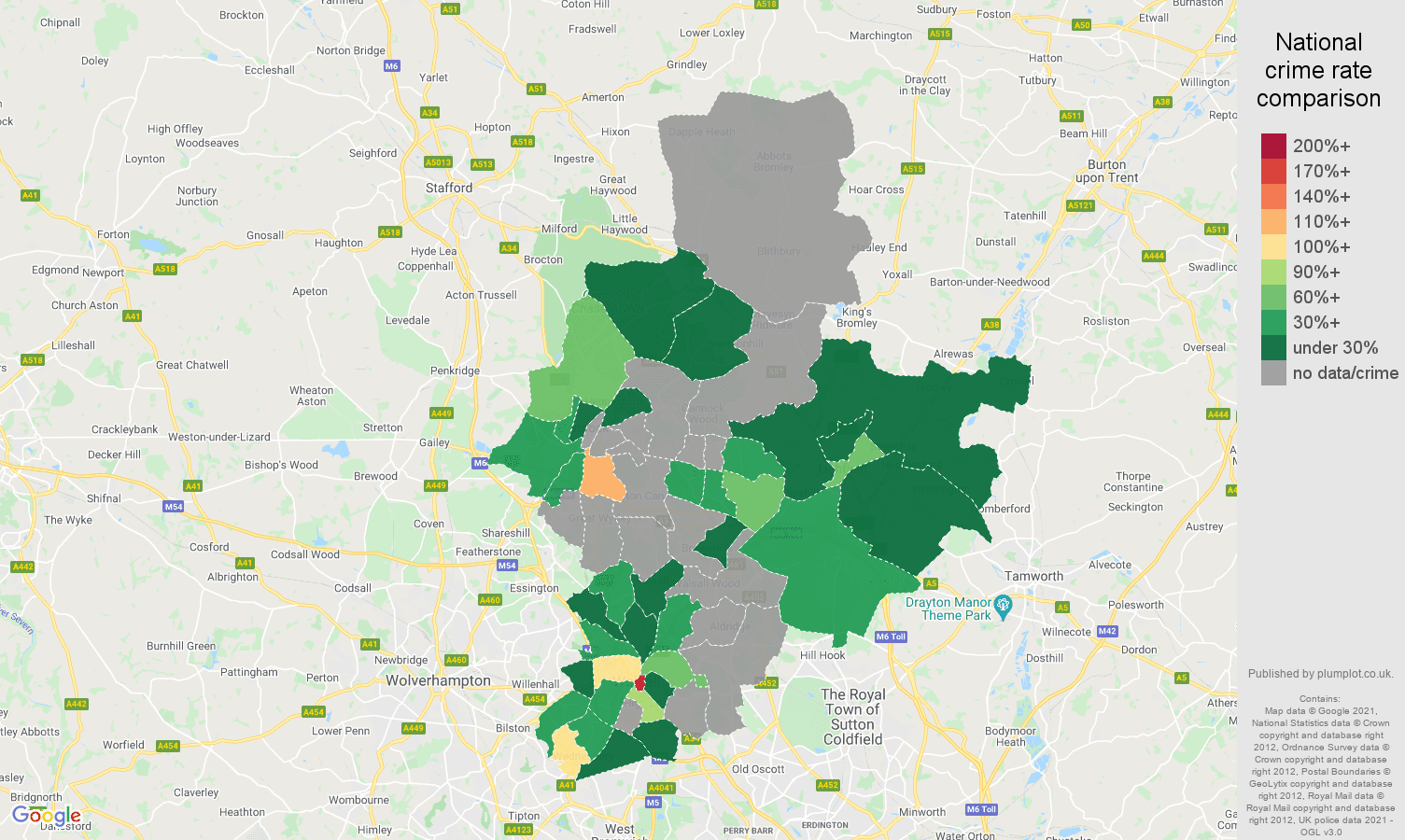 Walsall theft from the person crime rate comparison map
