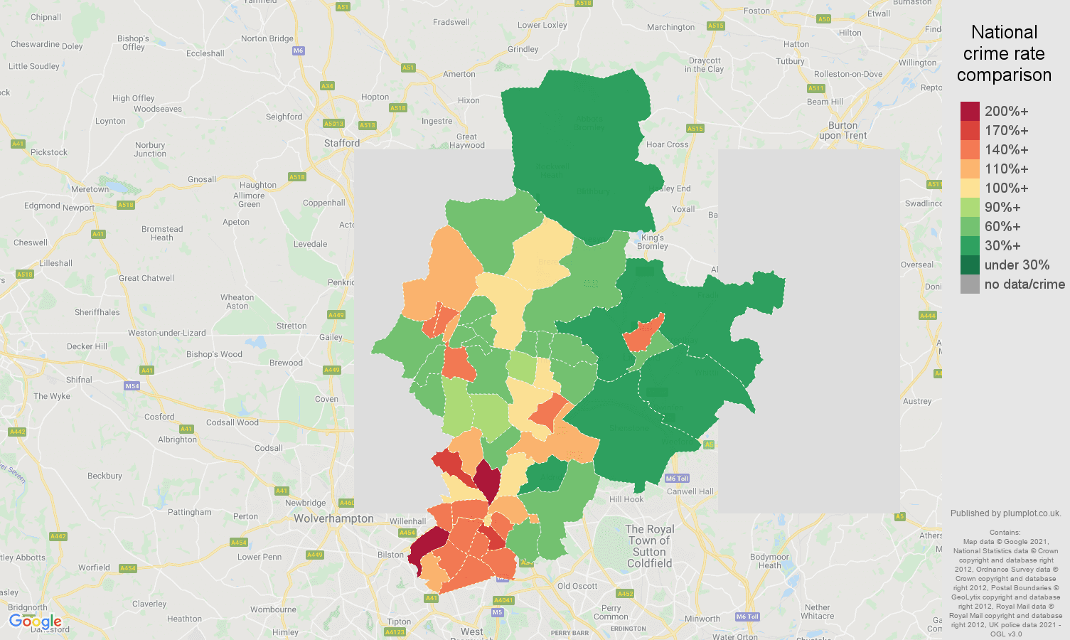 Walsall violent crime rate comparison map