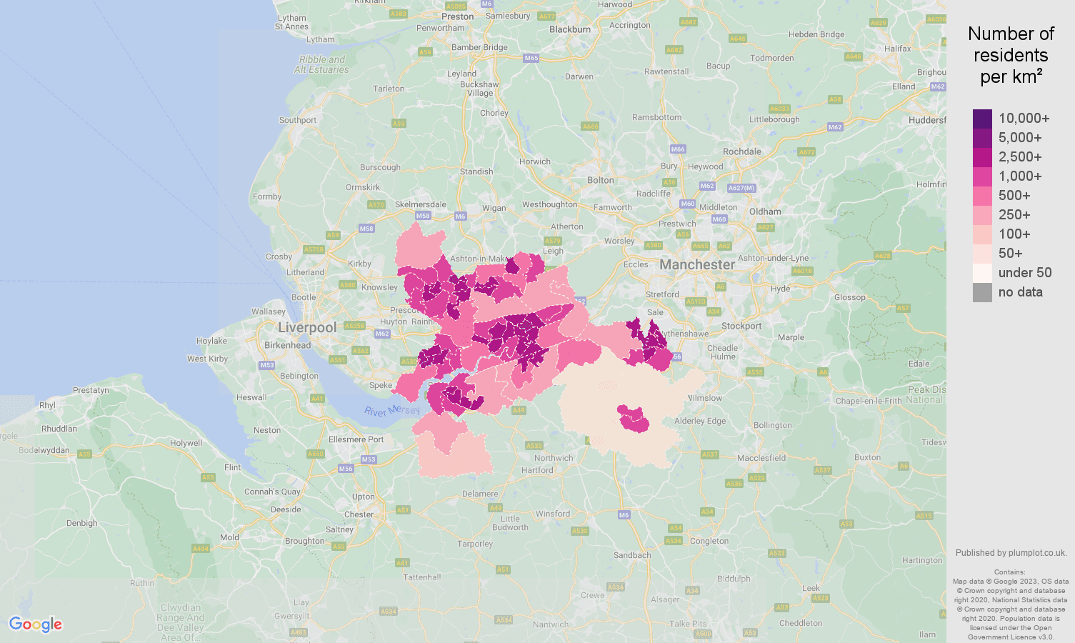 Warrington population density map