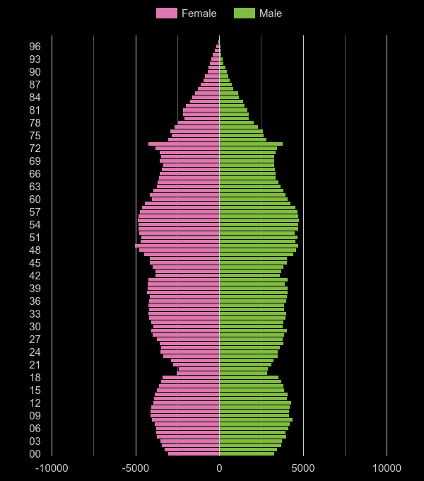 Warrington population pyramid by year
