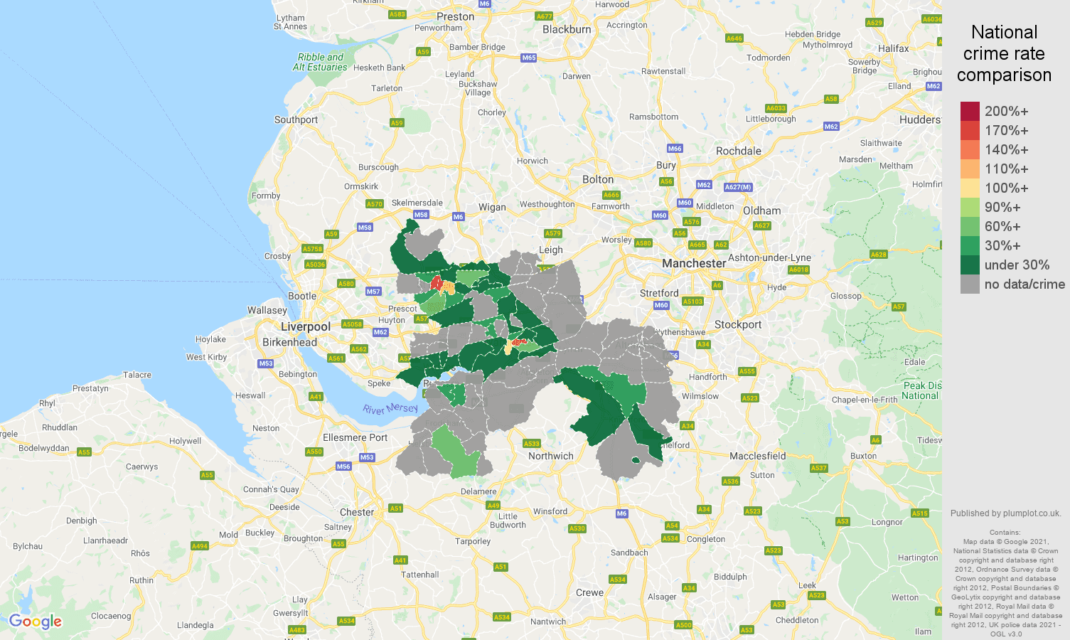 Warrington theft from the person crime rate comparison map