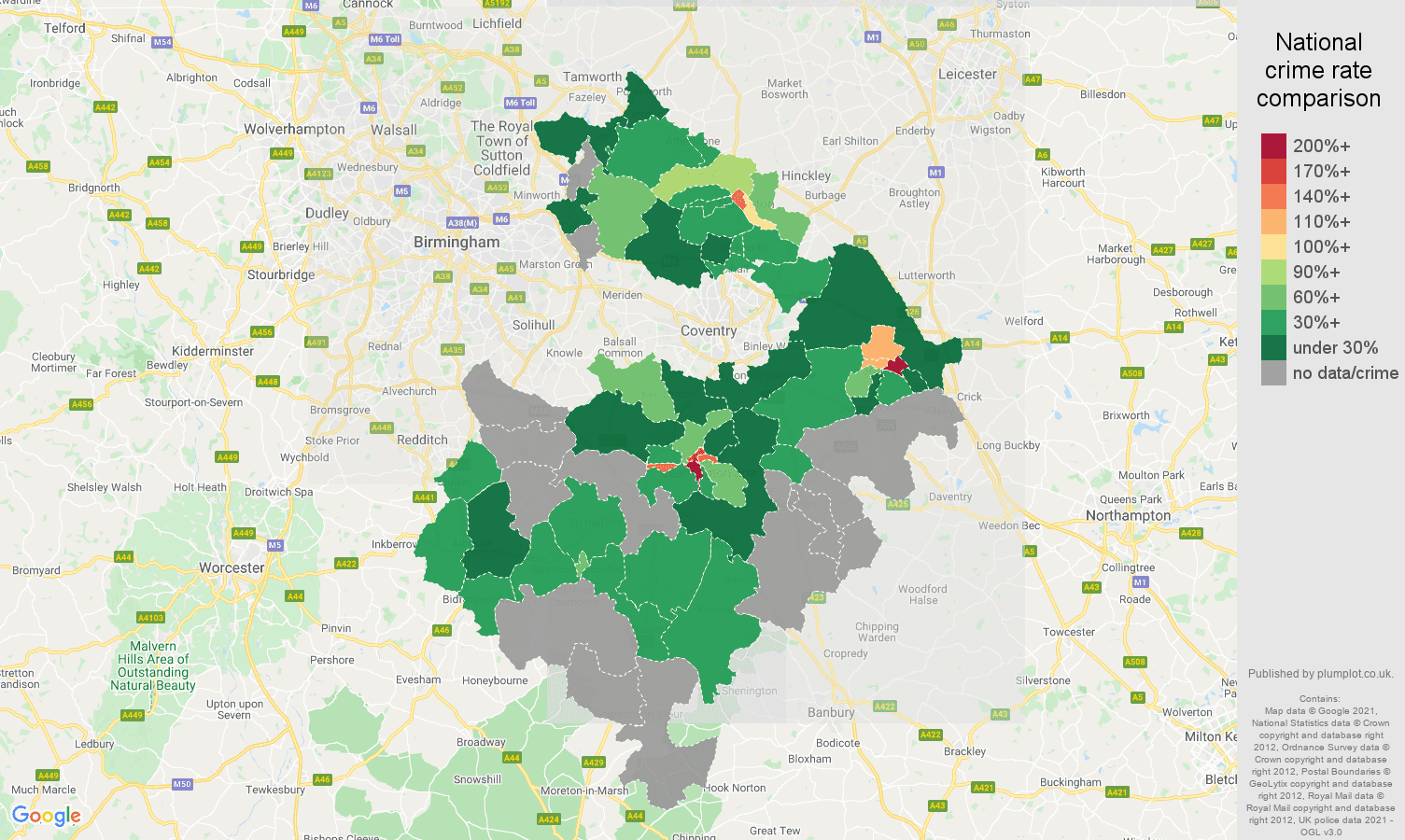 Warwickshire bicycle theft crime rate comparison map