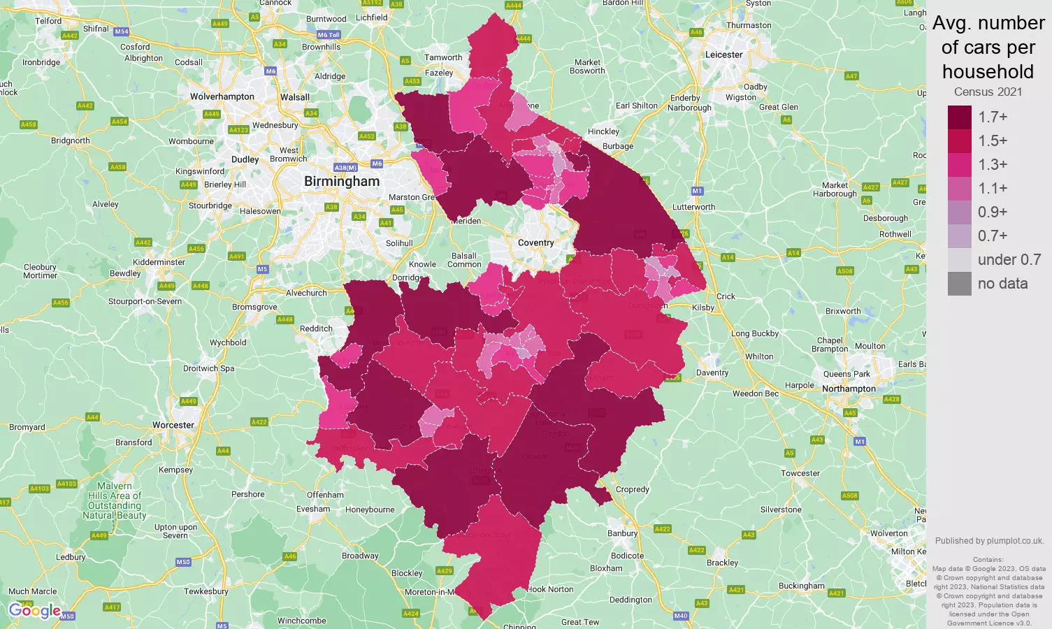 Warwickshire cars per household map