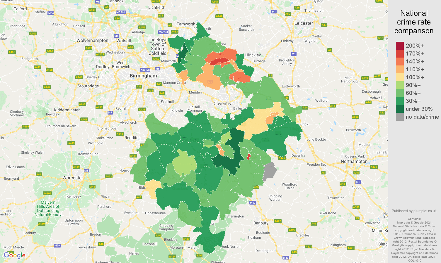 Warwickshire criminal damage and arson crime rate comparison map