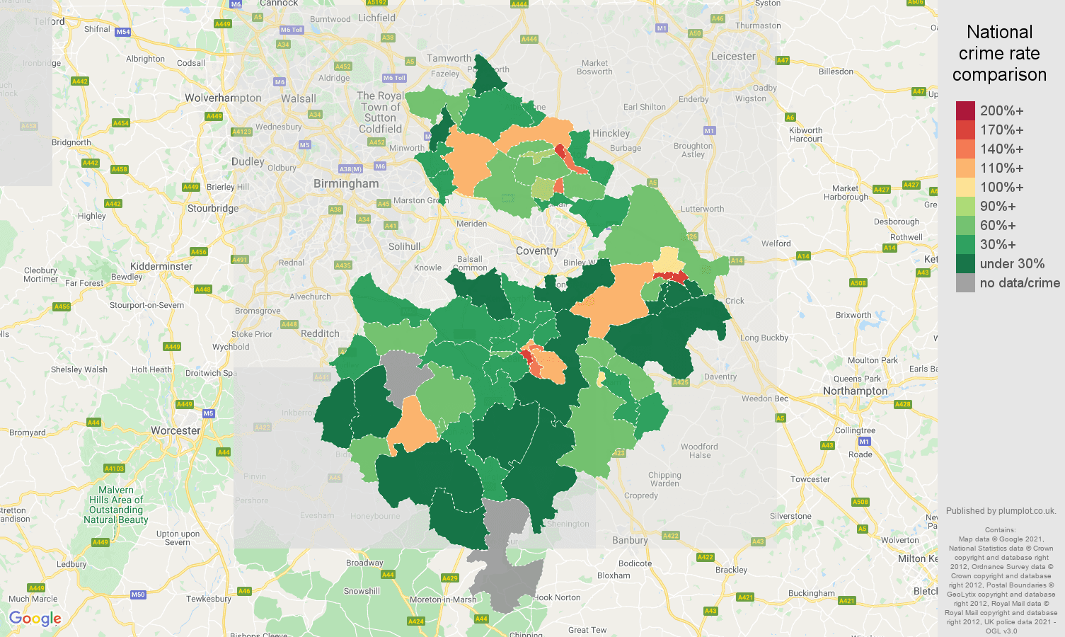 Warwickshire drugs crime rate comparison map