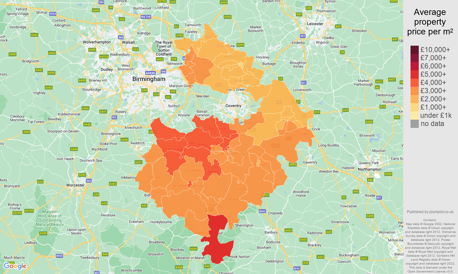 Warwickshire house prices per square metre map