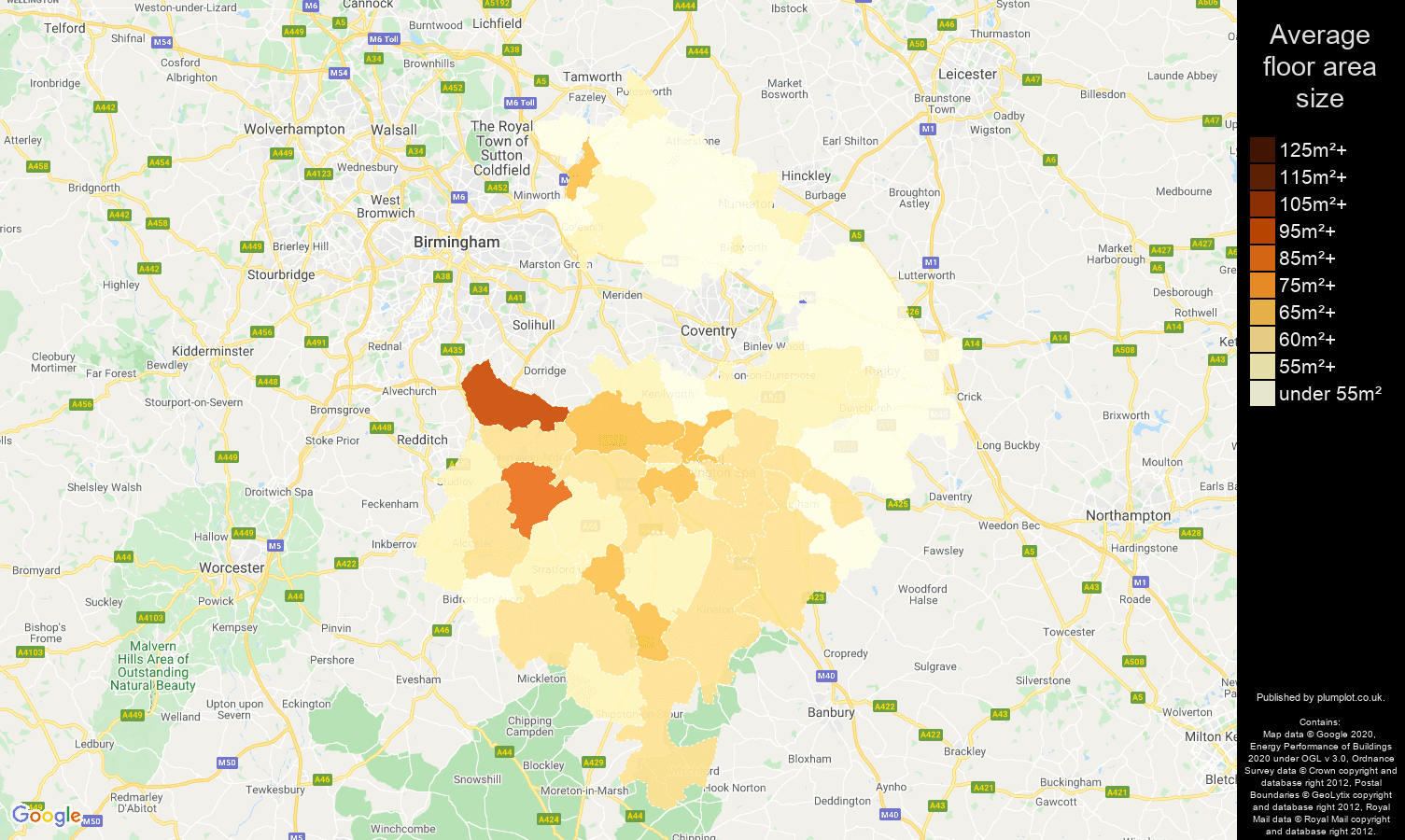 Warwickshire map of average floor area size of flats