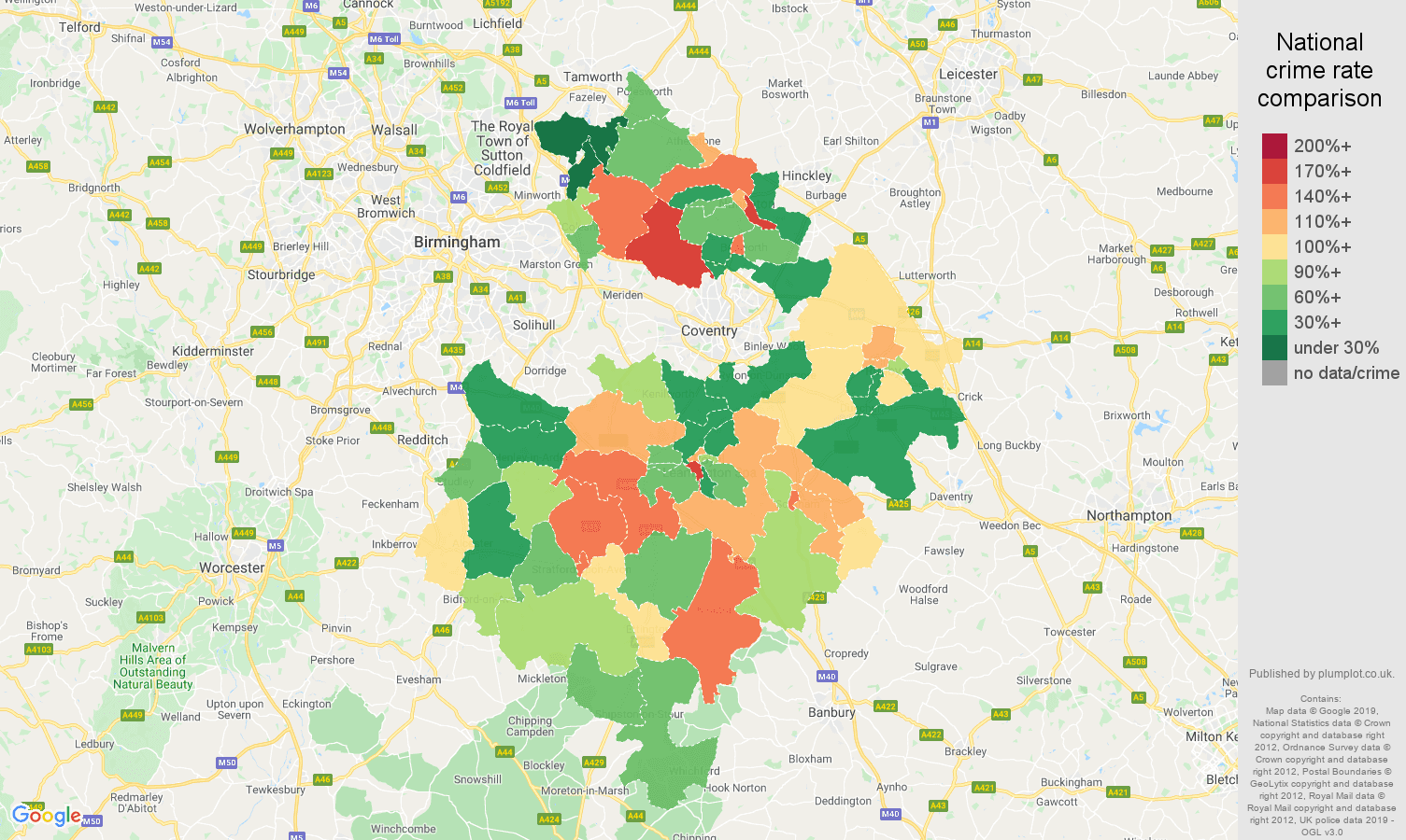 Warwickshire other theft crime rate comparison map